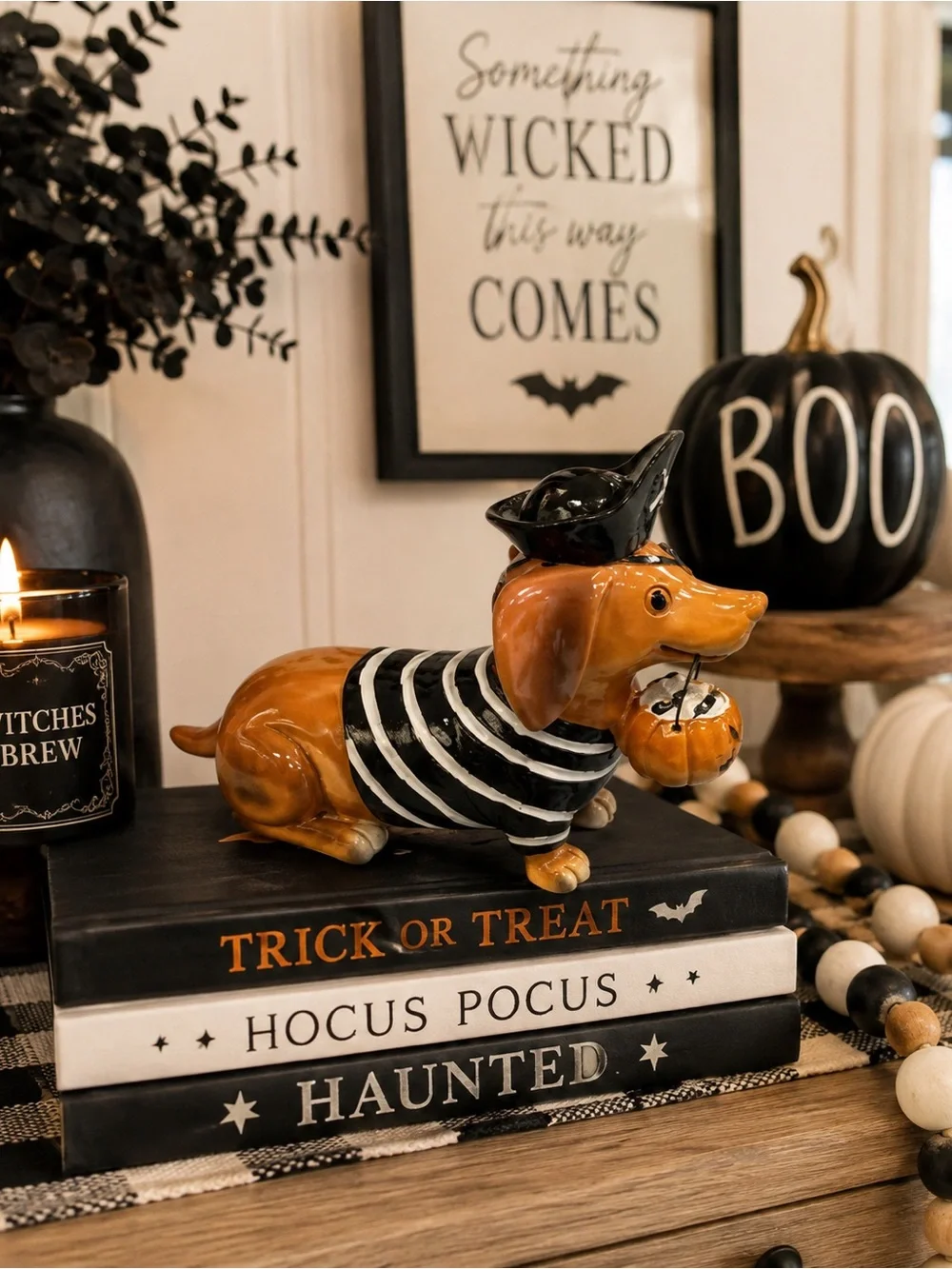 Halloween Pirate Dachshund Dog Figurine Striped Shirt Pumpkin Pail Spooky Decor